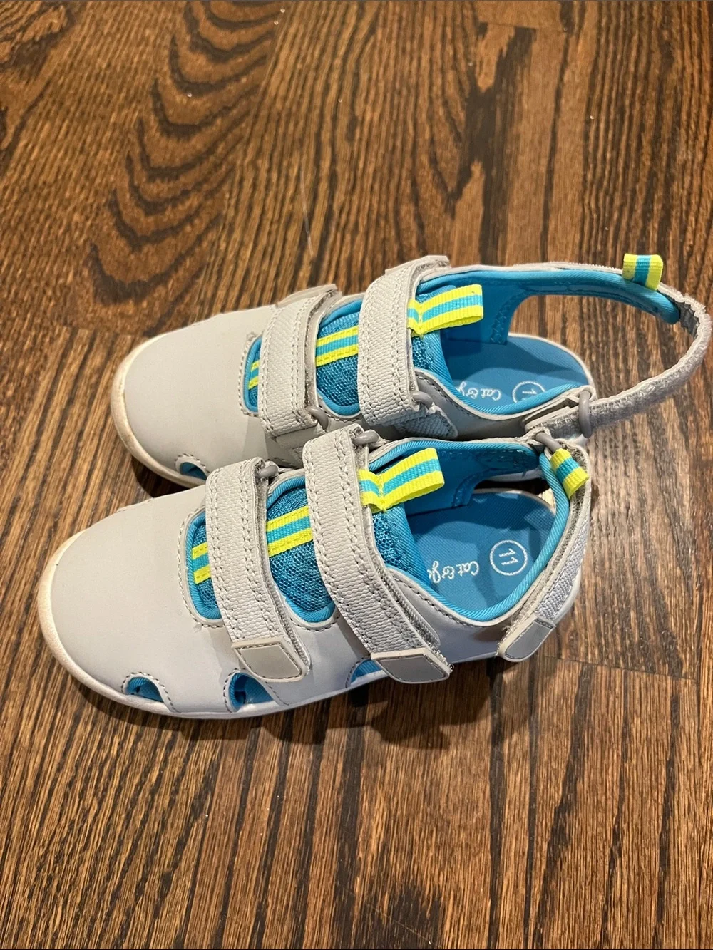 Cat & Jack Light Gray Sandals with Blue and Yellow Accents